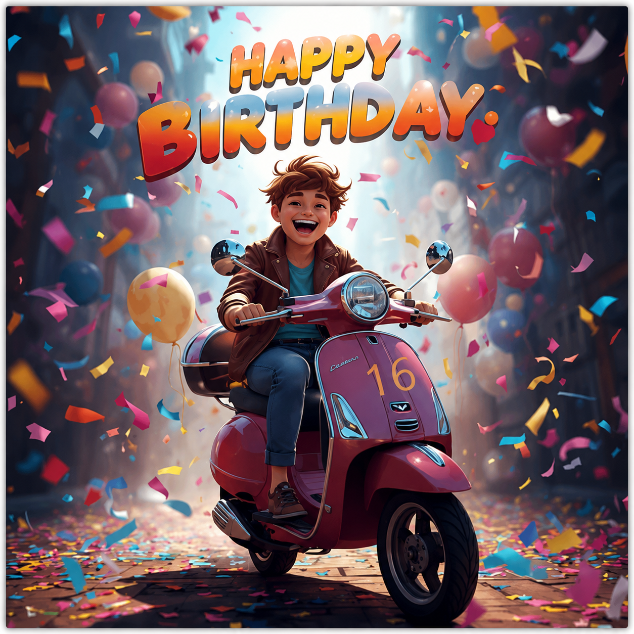 Sweet Sixteen verjaardagskaart met een vrolijke scooter, confetti en een persoonlijk verjaardagslied via QR-code.