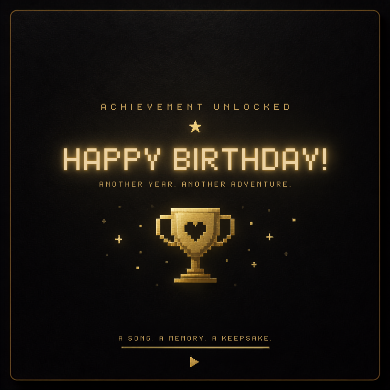 Achievement Unlocked Birthday Song Card in premium gamestijl met gouden trofee en persoonlijk verjaardagslied achter de QR-code.