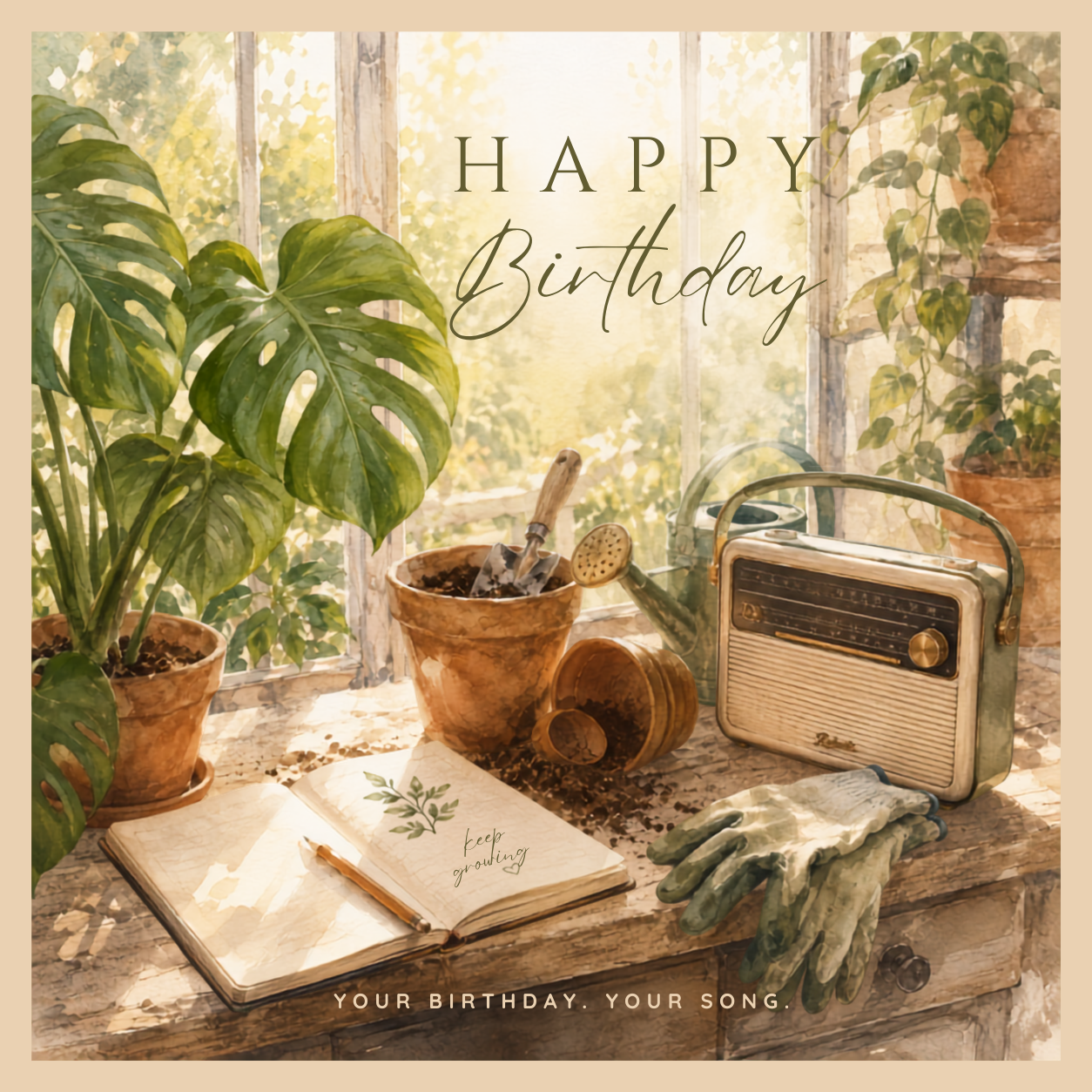 Groene Vingers Birthday Song Card met warme illustratie van een kas vol planten en een vintage radio, speciaal voor plantenliefhebbers.