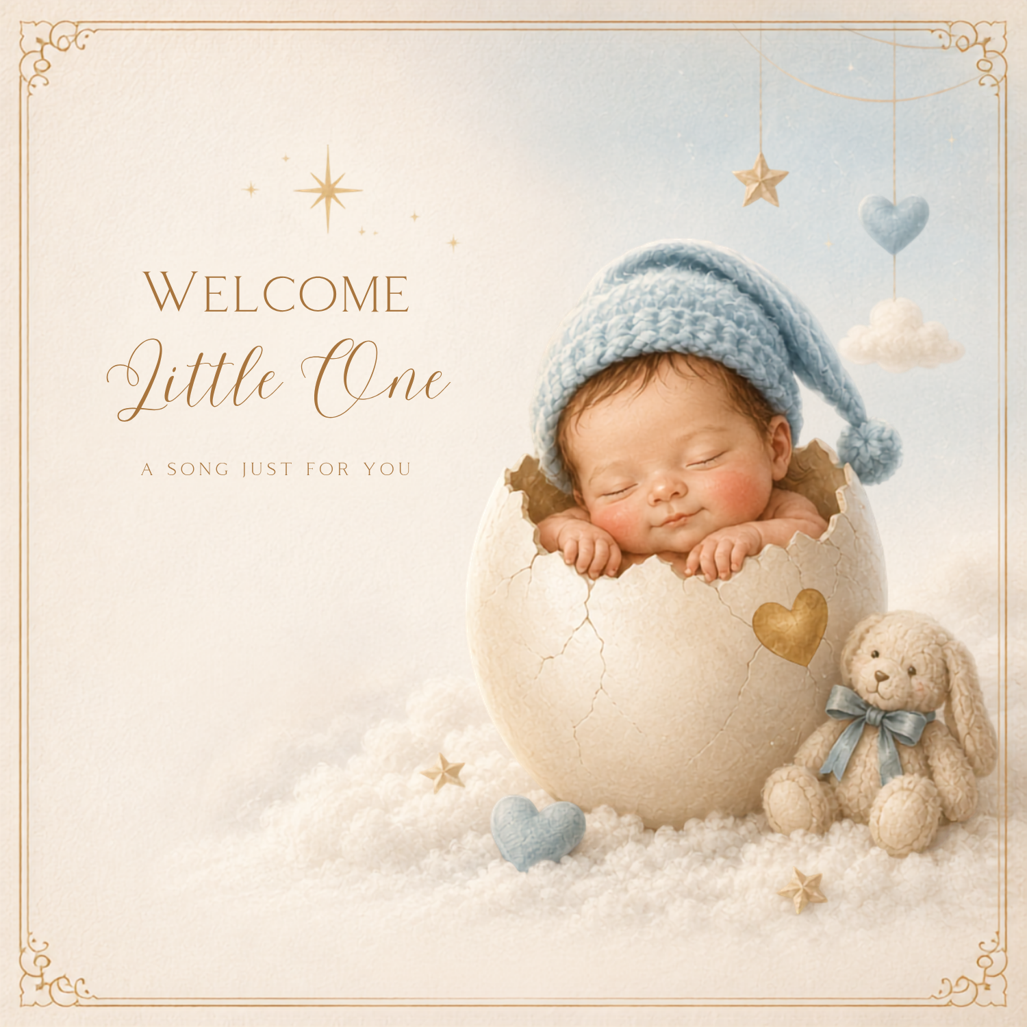Welcome Little One Baby Song Card voor een jongen met Mibby in een gouden ei, blauwe muts en persoonlijk geboortelied achter de QR-code.