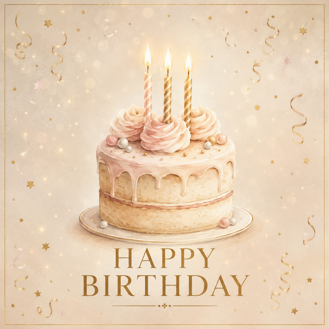 Vierkante verjaardagskaart met zachte verjaardagstaart, kaarsjes, gouden confetti en de tekst Happy Birthday.