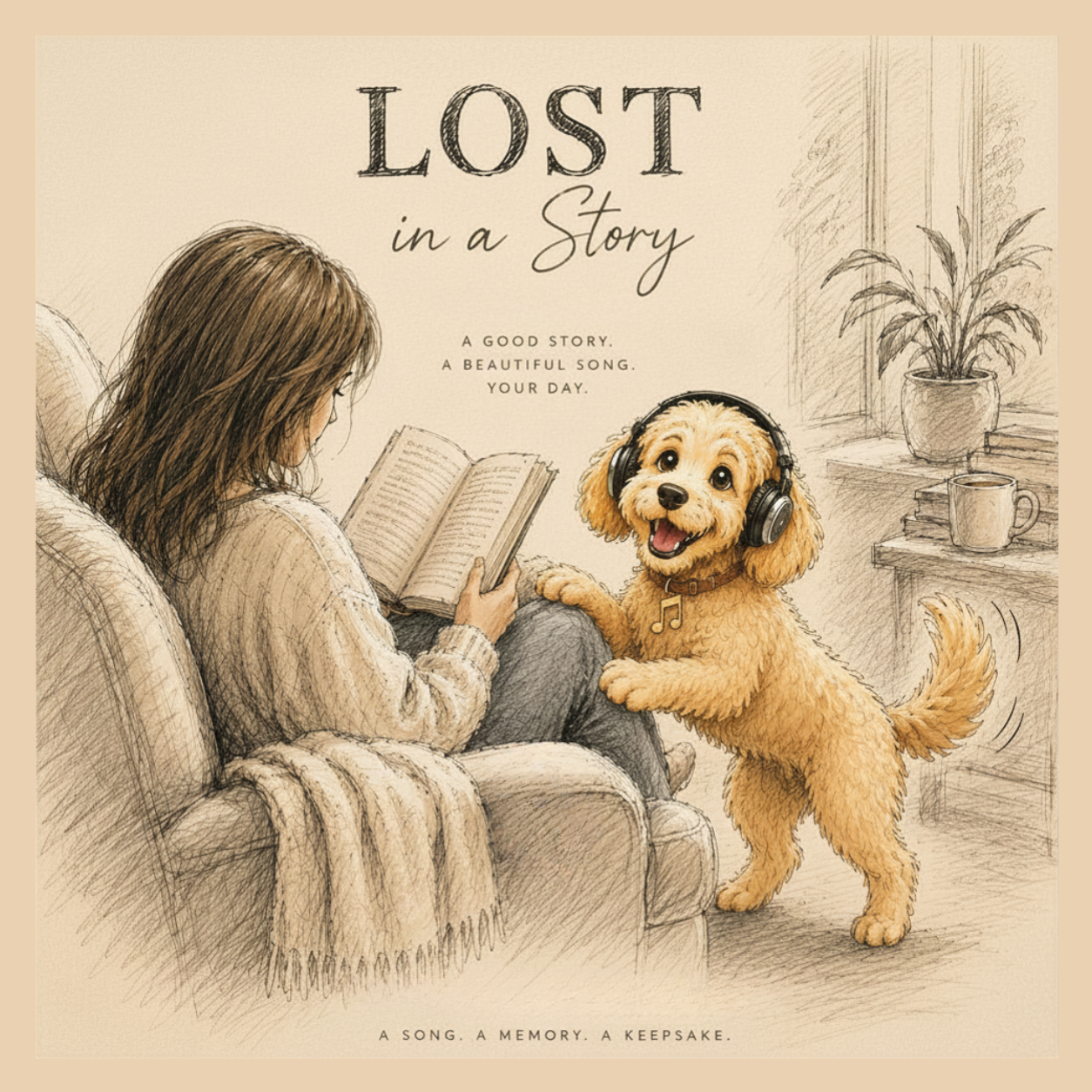 Lost in a Story Birthday Song Card met lezende vrouw, Milly de Cockapoo en persoonlijk verjaardagslied achter de QR-code.